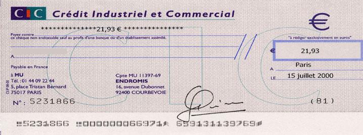 Ch�que de Winbe de 21.93 E, soit 143.85 F